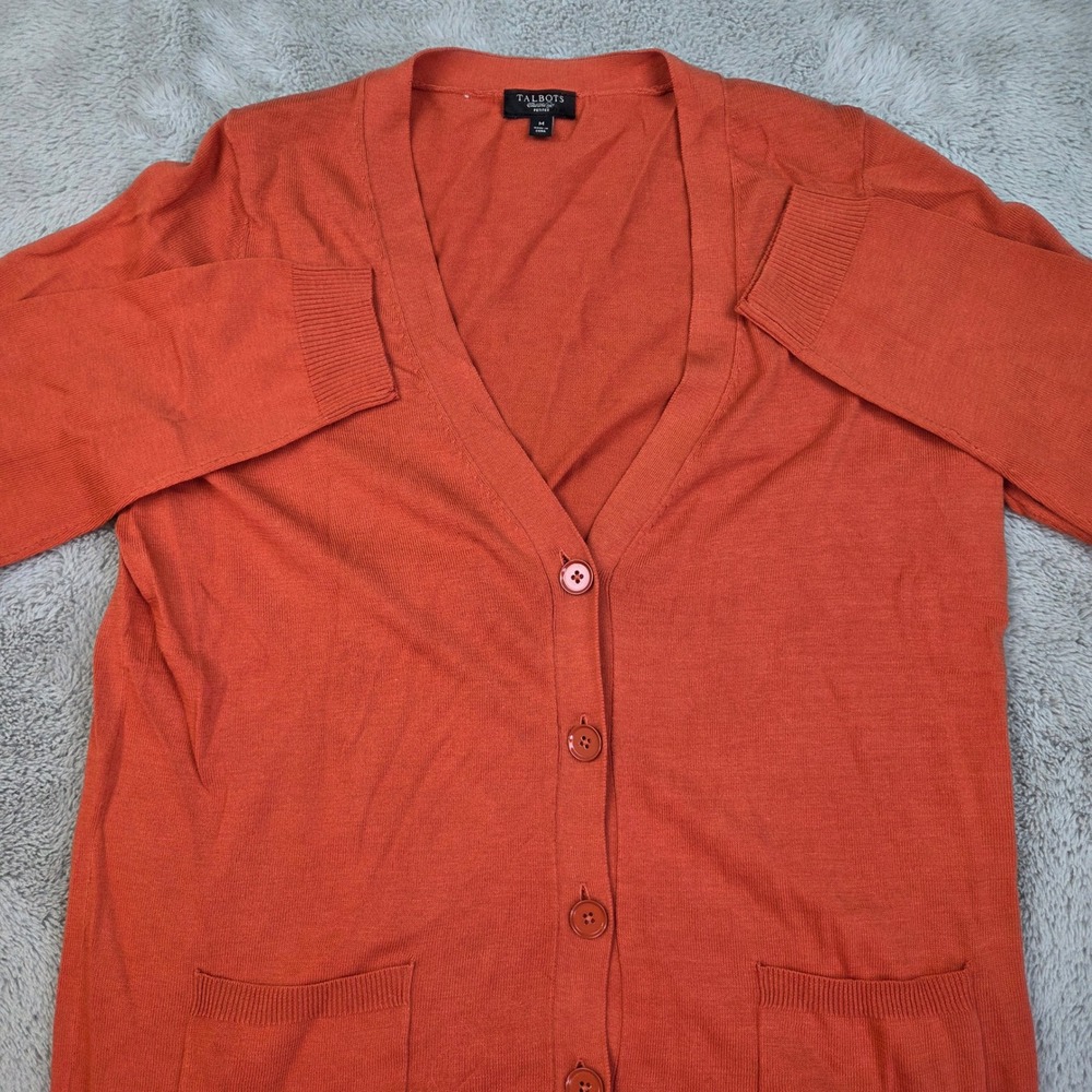 Talbots Cardigan Sweater Womens Sz M Petites V-Neck Button Front Pockets Orange